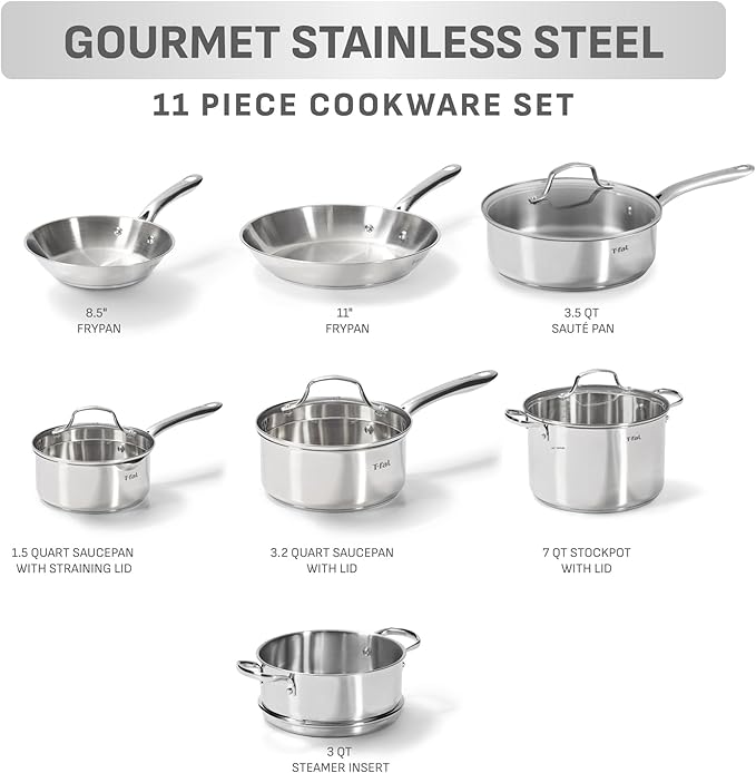 T-fal Stainless Steel Pots and Pans Set 11 Piece, Induction, Oven Broiler Safe 500F, Kitchen Cooking Set w/Fry Pans, Saucepans, Saute Pan, Dutch Oven, Steamer, Cookware, Dishwasher Safe, Silver - Image 2