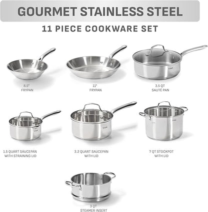 T-fal Stainless Steel Pots and Pans Set 11 Piece, Induction, Oven Broiler Safe 500F, Kitchen Cooking Set w/Fry Pans, Saucepans, Saute Pan, Dutch Oven, Steamer, Cookware, Dishwasher Safe, Silver - Image 2