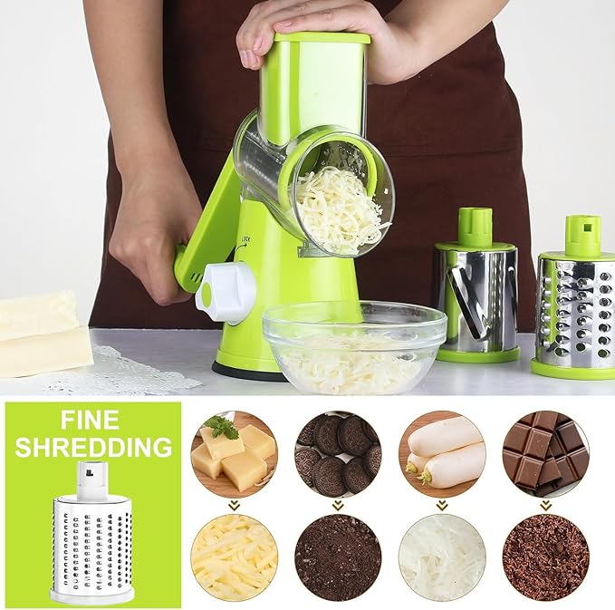 Cambom Rotary Cheese Grater Hand Crank Cheese Shredder for Fresh Cheese, Vegetable, Nuts,Non-slip Suction Base, Free Cleaning Brush Three Blades, Green - Image 2