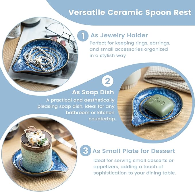 LAUCHUH Spoon Rest for Stove Top, 5” Ceramic Spoon Holder Cooking Utensil Holder for Mother's Day, Kitchen Countertops, Ladle, Cooking Spoons, Spatula, Tongs, Heat-Resistant, Starry Blue