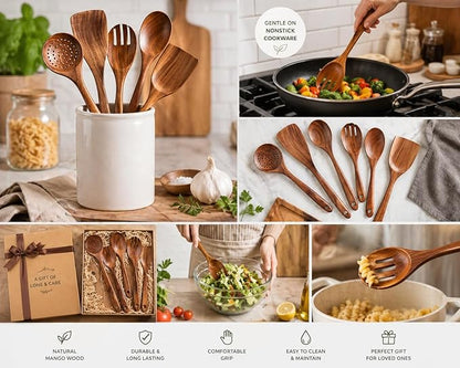 Mother’s Day Wooden Spoons for Cooking Set of 6, Handmade Mango Wood Kitchen Utensils Set, Nonstick Safe Wooden Cooking Utensils with Spoon, Spatula, Turner, Smooth Finish Gift for Mom