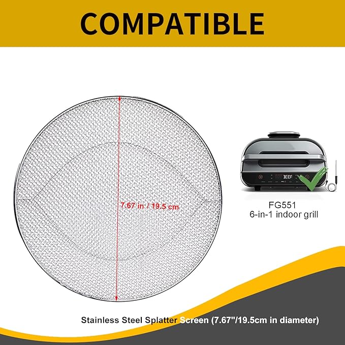 Stainless Steel Splatter Shield compatible for Ninja Foodi FG551, Reusable 6-in-1 Air Fryer Accessories, Indoor Grill Accessories, Fine Mesh Splatter Screen, Ninja Replacement Screen Splash Guard