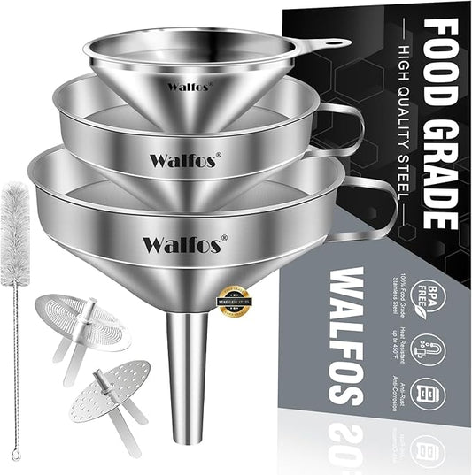 Stainless Steel Funnel, Walfos 3 Different Sizes of Kitchen funnels with 2 Removable Strainer ＆ 1Pcs Cleaning Brush, for Transferring of Liquid, Oils, Jam, Powder by Walfos