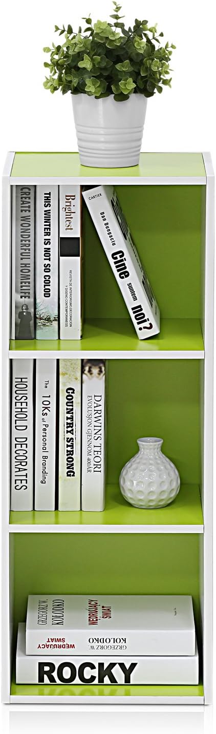 Furinno LUDER Book Shelf, 3-Cube Bookshelf, Bookcase with Open Shelves, 9.3 x 12 x 31.5, Easy Assembly, for Living Room, Bedroom, Home Office, White/Green - Image 6