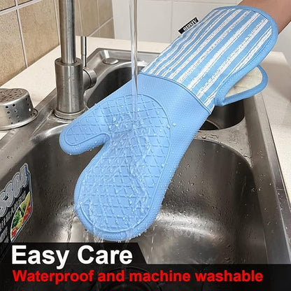 Alselo Silicone Oven Mitts Heat Resistant 932℉ with Waterproof & Non-Slip Kitchen Mittens, Set of 2 Extra Long Oven Gloves with Soft Cotton Terry Lining for Baking Cooking Barbecue (2, Blue Mitts) - Image 6
