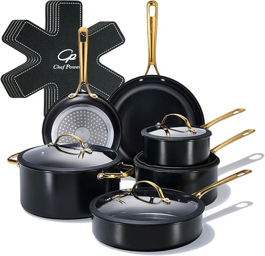 Chef Power Ceramic Cookware Sets, 15Pcs Pots and Pans Set Non Stick, Cookware Set with Stainless Steel Handle, Dishwasher & Oven Safe, Stone Black and Light Gold Handle