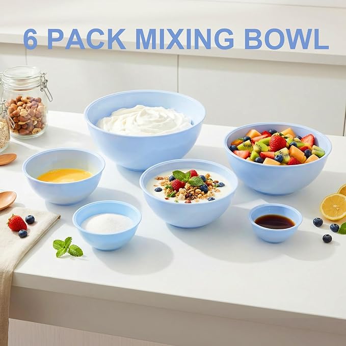 BoxedHome BPA Free Plastic Round Mixing Bowl with Lids, 12 Pack Nesting Bowls with Lids Set, Microwave and Dishwasher Safe Prep & Serving Bowls Great for Mixing, Baking, Serving (Pale Blue, 12pcs) - Image 7