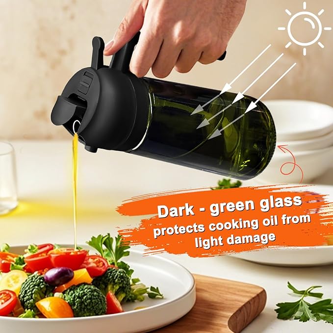 mqnxoi 2 in 1 Glass Oil Sprayer & Dispenser,16oz/470ml Olive Cooking, Air Fryer, and Salad, for Kitchen Gadgets and Air Fryer Accessories, w/Stickers (Black + Dark Green Bottle 2) - Image 3