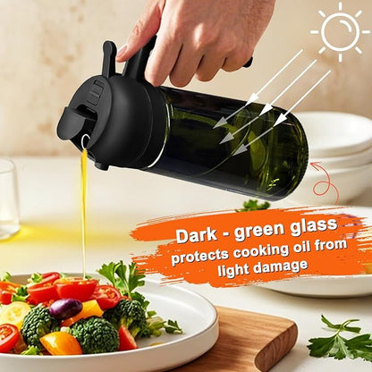 mqnxoi Oil Sprayer for Cooking, 2 in 1 Olive Oil Dispenser Bottle for Kitchen, 16oz/470ml Premium Glass, Food-grade Oil Mister for Air Fryer, Salad, Frying, BBQ (Black + Dark Green Bottle) - Image 3
