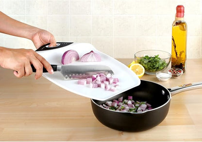 Dexas Chop & Scoop Cutting Board, 9.5 by 13 inches, White with Black Handle - Image 3