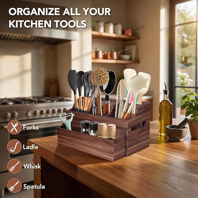 Wooden Kitchen Utensil Holder for Countertop, Large Utensil Organizer with Removeable Dividers, Wall Mount Kitchen Organizer for Cooking Tools & Silverware, with Spoon Rest and Diatomite Base