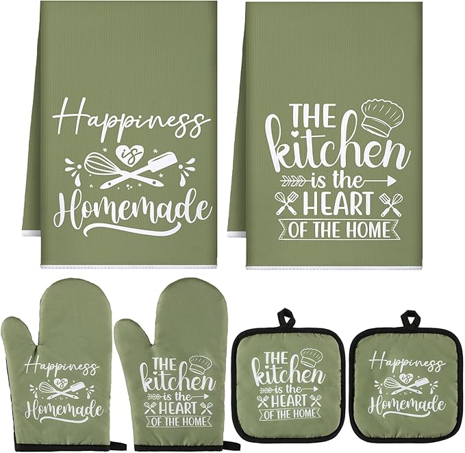 Sratte 6 Pcs Kitchen Decor Accessories Set Farmhouse Towels Pot Holders Oven Mitts Set 2 Dish Towels 2 Potholders 2 Cooking Mittens Oven Glove for Christmas Baking Cooking Supply(Green,Kitchen) by Sratte
