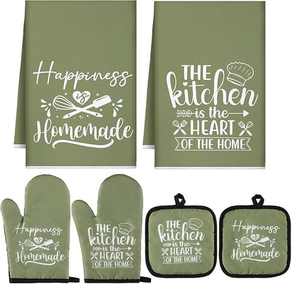 Sratte 6 Pcs Kitchen Decor Accessories Set Farmhouse Towels Pot Holders Oven Mitts Set 2 Dish Towels 2 Potholders 2 Cooking Mittens Oven Glove for Christmas Baking Cooking Supply(Green,Kitchen) by Sratte
