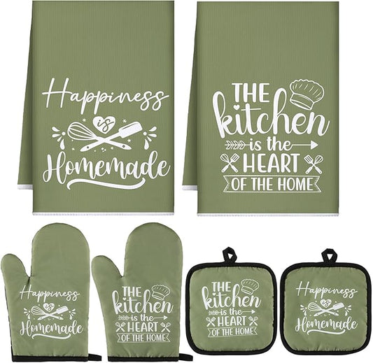 Sratte 6 Pcs Kitchen Decor Accessories Set Farmhouse Towels Pot Holders Oven Mitts Set 2 Dish Towels 2 Potholders 2 Cooking Mittens Oven Glove for Christmas Baking Cooking Supply(Green,Kitchen) by Sratte