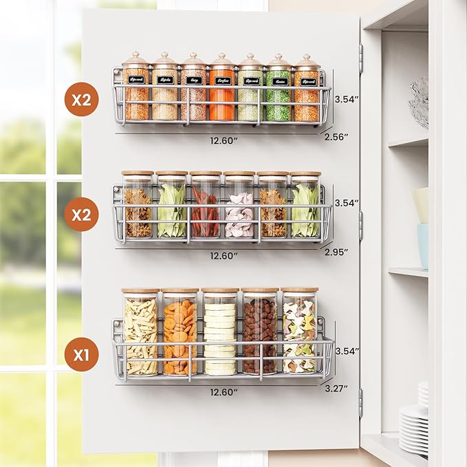 Mystozer 5 Pack Spice Rack Seasoning Organizer Wall Mount, Screw or Adhesive Hanging Shelf Basket Spice Organizer Pantry Organizers Shelf for Kitchen Spice Organization for Cabinet (Silver) - Image 3