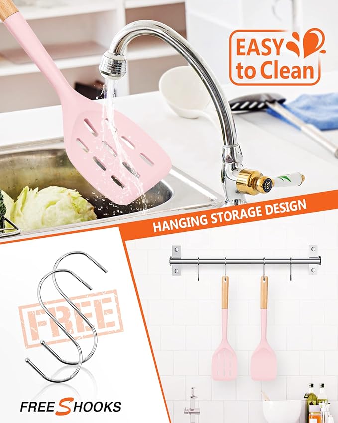 Pack of 2 Silicone Spatula, Non Stick Cooking Utensil Set Wooden Handle Kitchen Turner for Baking Mixing Grilling Serving Food Heat Resistant Non Scratch Hooks Included (Pink) - Image 4