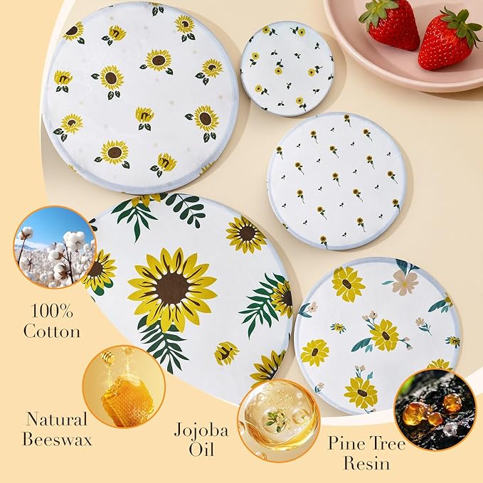 Tirphy 5-Size Reusable Bowl Covers for Bread Proofing - Beeswax Bowl Covers Reusable 4/6/8/10/12 Inch - Elastic Cotton Cloth Sourdough Cover - Shower Caps for Sourdough Bread (Flower style)