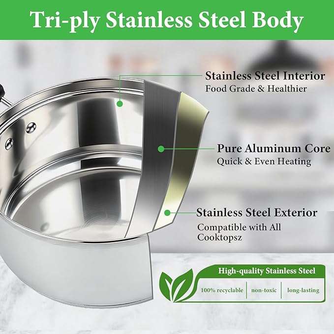 Stainless Steel Saucepan with Lid Set - 2.5QT & 3.5QT & 5.5QT, Triply Sauce Pan Induction Pot for Cooking, Boiling, Compatible with All Stoves, Transparent Lid, Oven & Dishwasher Safe - Image 3