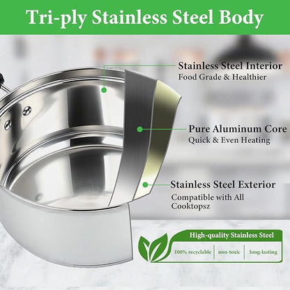 Stainless Steel Saucepan with Lid Set - 2.5QT & 3.5QT & 5.5QT, Triply Sauce Pan Induction Pot for Cooking, Boiling, Compatible with All Stoves, Transparent Lid, Oven & Dishwasher Safe - Image 3