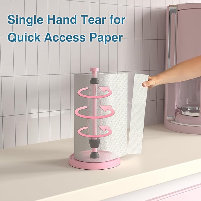 Pink Paper Towel Holder Countertop, Pink Kitchen Accessories Decor, Stainless Steel, Weighted Base, Paper Towel Roll Holder Stand with Ratchet Mechanism for Kitchen Bathroom Farmhouse Essentials - Image 3