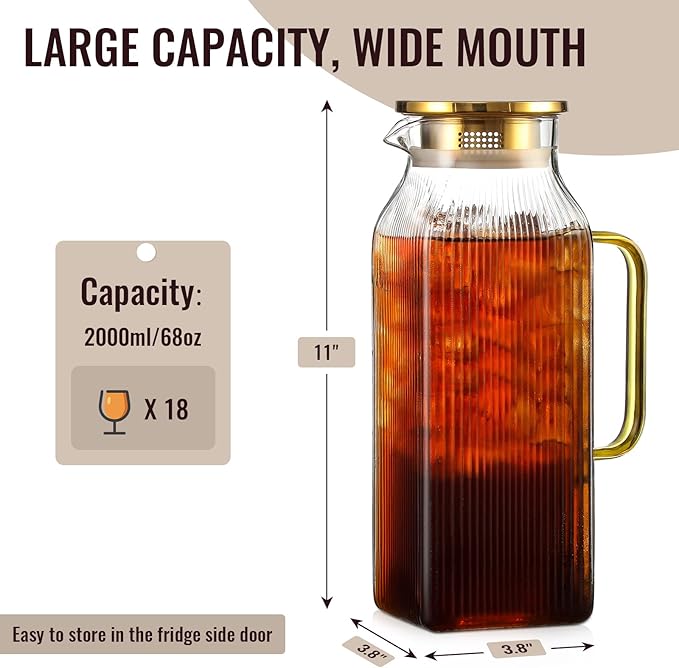 2 Liter/68 oz Square Glass Pitcher with Lid, Classic Stripes Water Pitchers with Handle for Fridge, Large Jug for Iced Tea, Coffee, Borosilicate Glass Carafe for Hot/Cold Brew Drink, Gold - Image 2