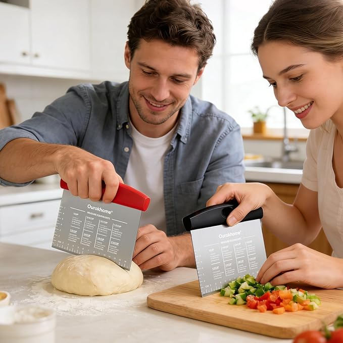 Ourokhome 2 Pack Bench Scraper Dough Cutter, Stainless Steel Dough Scraper with Laser-Etched Scale, Conversion Chart, Non-Slip Handle, Dishwasher Safe for Bread & Pastry, Black and Red - Image 8
