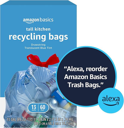 Amazon Basics Blue Recycling Trash Bags, Unscented, 13 Gallon, 60 count (Pack of 2)