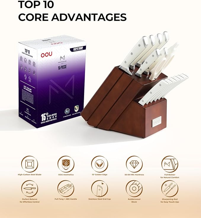 OOU 2026 Master Line 15-Piece German High Carbon Steel Knife Set - Professional Sharp Chef Knife with FSC Wooden Block - Ergonomic Handle Kitchen Knife Set with Steak Knives & Sharpener-Walnut