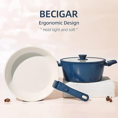 BECIGAR 23pcs Ceramic Pots and Pans Set, Nonstick Detachable Handle Cookware, Induction Kitchen Cooking Set with Removable Handle,include Frying Pans & Saucepans Oven Safe(Blue) - Image 4