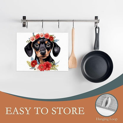 Dachshund Dog Flowers Dish Drying Rack Mat for Kitchen Counter, Dish Drying Pad Absorbent Reversible Microfiber Protector for Coffee Bar Sink Countertops 18x24 Inch