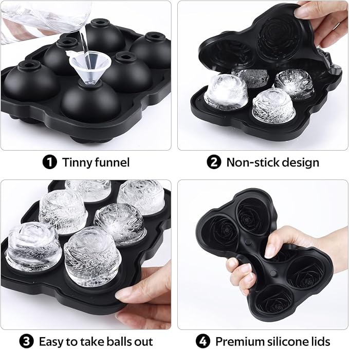Ice Cube Tray, Mikiwon 2 inch Rose Ice Cube Trays With Covers, 6 Cavity Silicone Rose Ice Ball Maker, Easy Release Large Ice Cube Form for Chilled Cocktails, Whiskey, Bourbon & Homemade Juice Black - Image 3