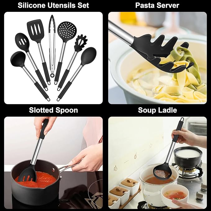 E-far Silicone Cooking Utensils Set, 7 Pcs Heat Resistant Kitchen Utensils with Stainless Steel Handle, Slotted Turner, Spoon, Soup Ladle, Pasta Server, Skimmer, Tongs for Nonstick Cookware, Black - Image 3
