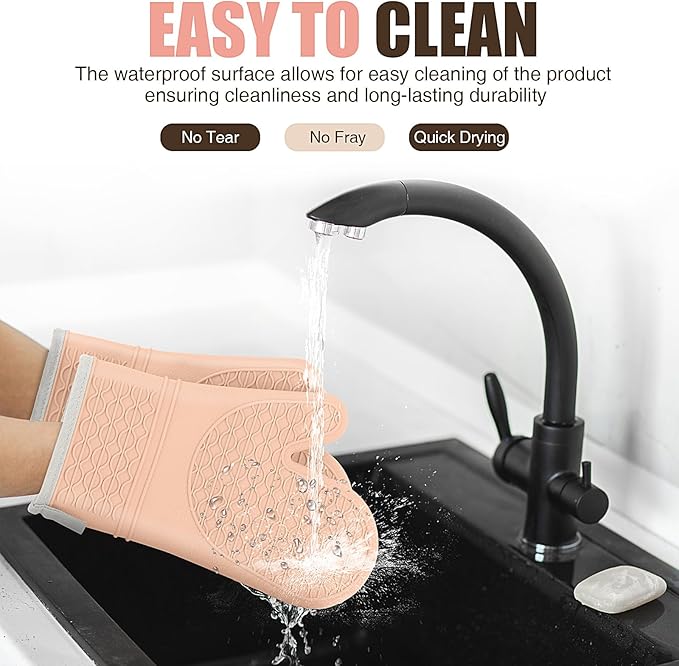 Silicone Oven Mitts, Heat Resistant 2PCS Oven Mitts with Soft Cotton Lining, Waterproof Non-Slip Grip Oven Glove, Kitchen Potholder Mits for BBQ, Baking, Cooking, 12.5 Inch - Pink - Image 5