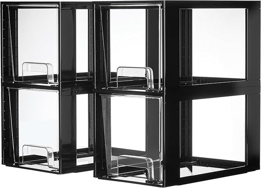 Vtopmart 4 Pack Large Stackable Storage Drawers,Black,Easily Assemble Acrylic Bathroom Closet Undersink Organizers and Storage,Plastic Bins for Kitchen Cabinets,Pantry,Makeup,Medicine Organization by Vtopmart