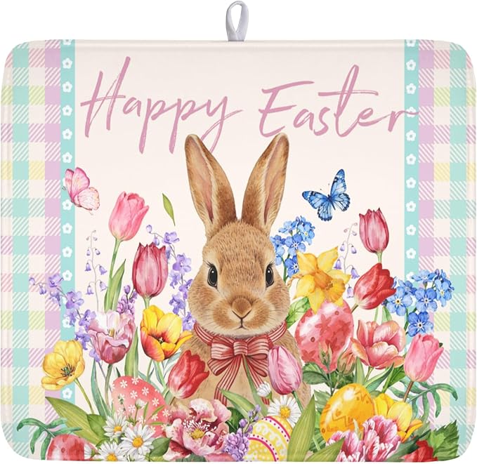 Easter Bunny Dish Drying Mat for Kitchen Counter Happy Easter Rabbit Floral Colorful Buffalo Plaid Microfiber Dish Drainer Mat Absorbent Washable Drying Pad 16"x18"