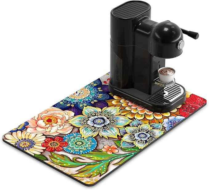 Rnivvi Coffee Mat, 12" x 19" Cute Flower Theme Coffee Bar Mats for Espresso Machine Station Accessories and Organizer, Hide Stain Rubber Backed Absorbent Dish Drying Pad for Kitchen Counter, Mandala by Rnivvi