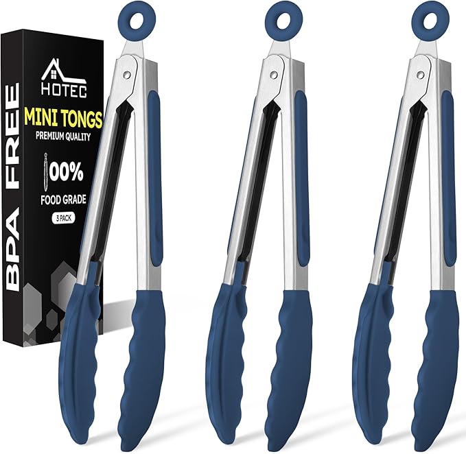 Hotec Mini Silicone Kitchen Tongs for Cooking - 7-Inch Small Serving Tongs with Silicone Tips, Set of 3 (Classic Blue) by Hotec
