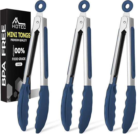 Hotec Mini Silicone Kitchen Tongs for Cooking - 7-Inch Small Serving Tongs with Silicone Tips, Set of 3 (Classic Blue) by Hotec