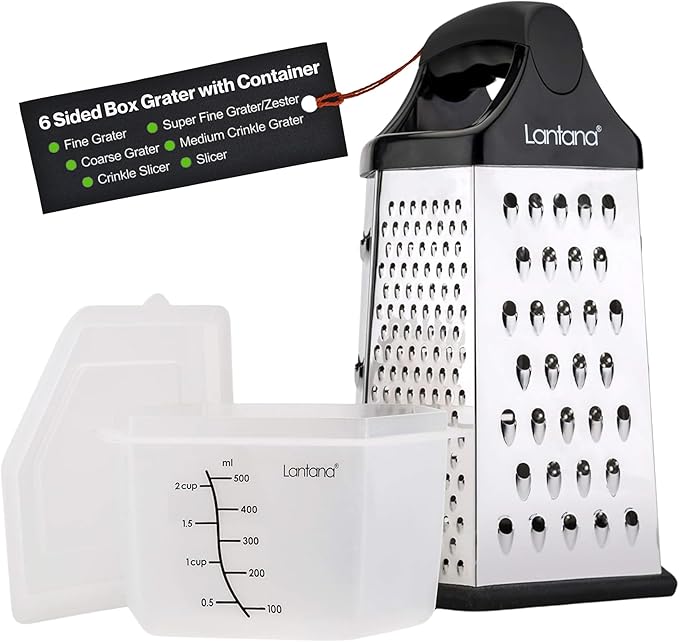 Lantana Cheese Grater for Kitchen with Container & Lid - Handheld Stainless Steel Box Food Shredder with Handle and 6 Essential Functions for Coarse, Medium, Fine, or Micro Grating/Shredding/Zesting by Lantana