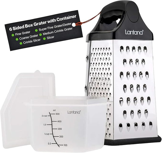 Lantana Cheese Grater for Kitchen with Container & Lid - Handheld Stainless Steel Box Food Shredder with Handle and 6 Essential Functions for Coarse, Medium, Fine, or Micro Grating/Shredding/Zesting by Lantana