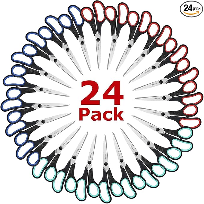 School Office Scissors Bulk, Set of 24-Pack, 8" All Purpose Sharp Scissors with Comfort-Grip Handles for High/Middle School Student Teacher, Office Home Sewing Fabric Supplies, for Right Left Handed by iBayamDirect