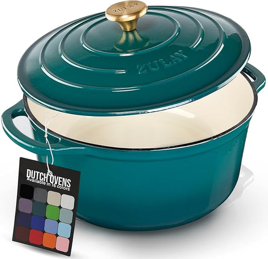 Zulay Kitchen 5 Quart Enameled Cast Iron Dutch Oven Pot with Lid – Premium Durability & Oven Safe up to 500°F – Heavy Duty Cookware Perfect for Bread Baking, Stews, Braising & Roasting – Emerald by ZulayKitchen
