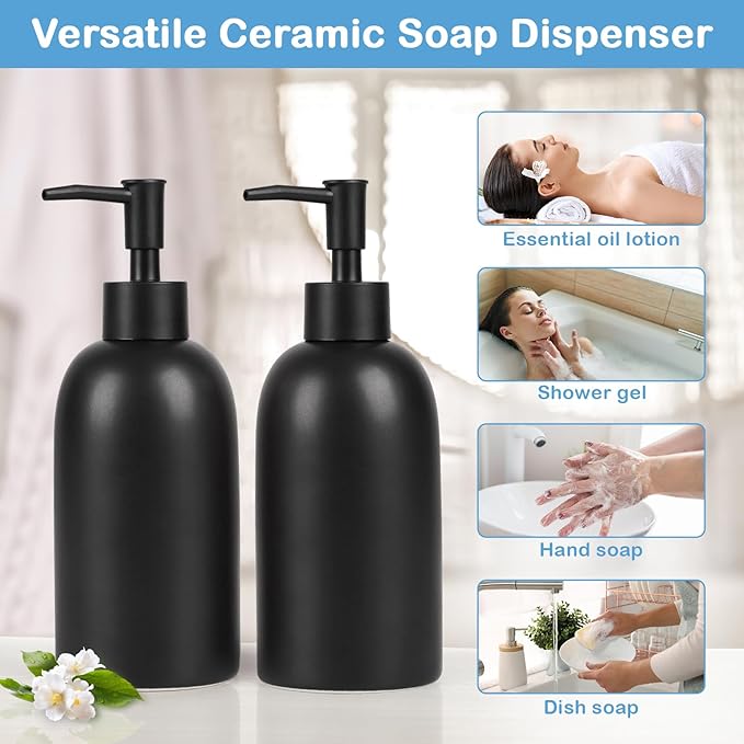 Natheeph 14OZ Ceramic Soap Dispenser Ceramic Soap Pump Dispenser Can Fill Liquid for Bathroom/Kitchen (2PC Black) - Image 6