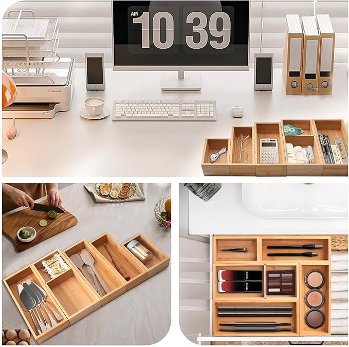 Bamboo Drawer Organizer 5 Pcs for Kitchen Multi-purpose Storage Dividers for Kitchen, Office, Jewelry, Cosmetics, Wooden Drawer Dividers for Drawer Organizer Desk Organizer Gift for Women Gifts Idea - Image 3