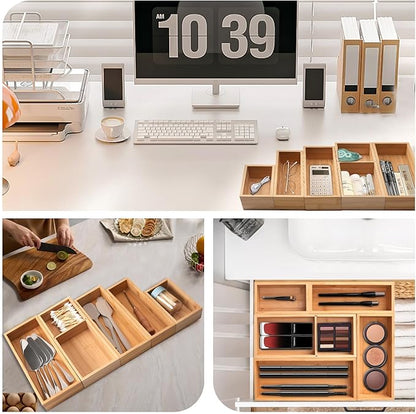 Bamboo Drawer Organizer 5 Pcs for Kitchen Multi-purpose Storage Dividers for Kitchen, Office, Jewelry, Cosmetics, Wooden Drawer Dividers for Drawer Organizer Desk Organizer Gift for Women Gifts Idea - Image 3