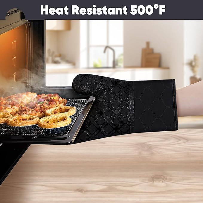 Oven Mitts and Pot Holders Set with Dishcloths, 500 Degree Heat Resistant Oven Gloves and Hot Pads, Premium Soft Cotton Kitchen Mittens and Dish Cloth Sets-Black - Image 5