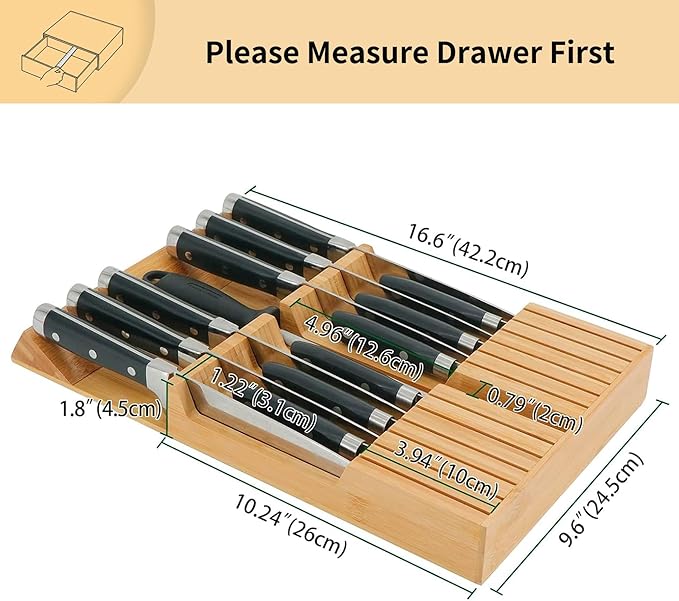 Utoplike in-Drawer Knife Block Bamboo Kitchen Knife Drawer Organizer, Handle Steak Knife Holder Without Knife, Fit for 12 Knives and 1 Sharpening Steel (Knives Not Included) - Image 2