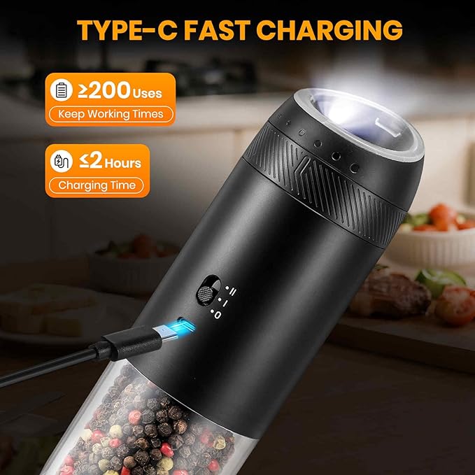 Gravity Electric Salt Grinder Set with Variable Grinding Speed, External Adjustable Coarseness, One Hand Operation, Upgraded Larger Capacity,White LED Light, Black 2 Pcs - Image 3