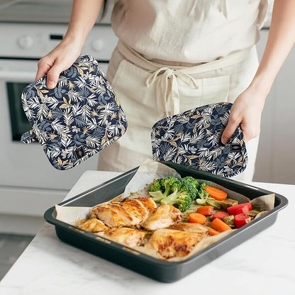 BONTHEE Pot Holders for Kitchen Heat Resistant Hot Pads for Countertops Oven Pot Holders Cotton Potholders for Kitchen Cooking Baking (Blue Leaves)