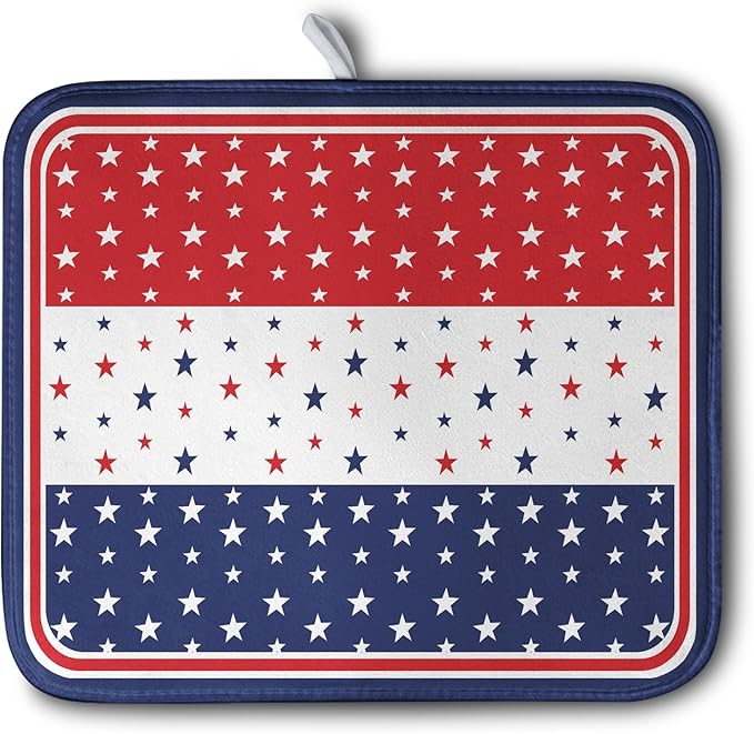 4th of July Dish Drying Mat for Kitchen Counter Patriotic Red White Blue Stars Drying Pad Microfiber Absorbent Dish Draining Mat Microfiber Independence Day Dish Drainer Rack Mats 16x18 Inch by Kwlegh